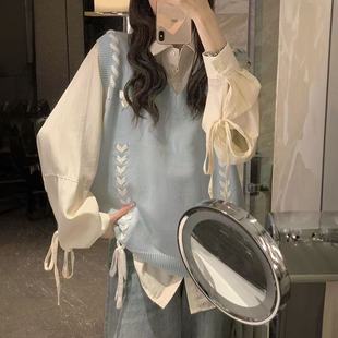 韩系学院风穿搭绑带蝴蝶马甲叠穿衬衫上衣女校园秋季新款两件套装