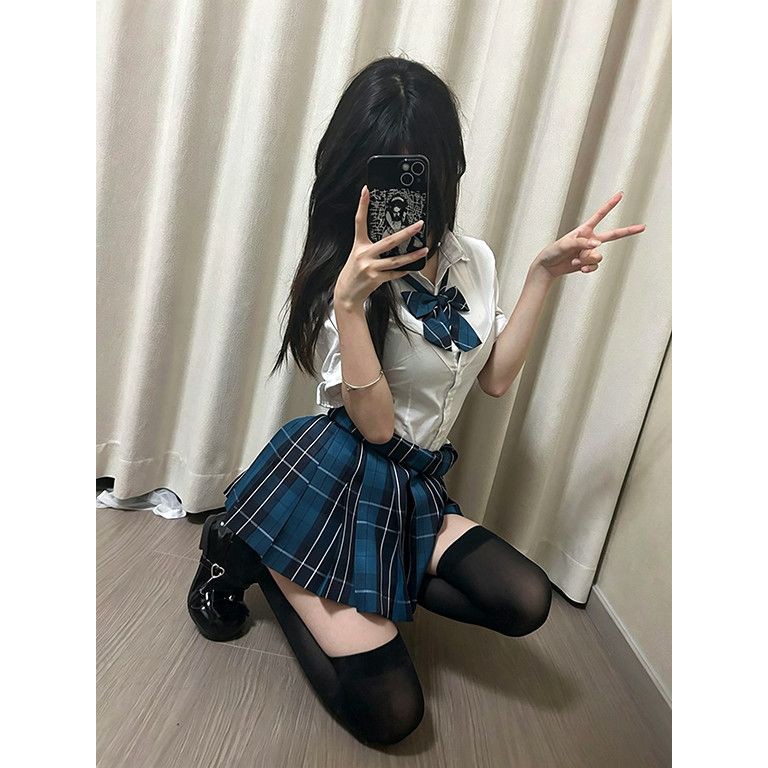 日系jk制服格裙修身收腰衬衫套装夏季衬衣学生百褶裙短裙短袖衬衣