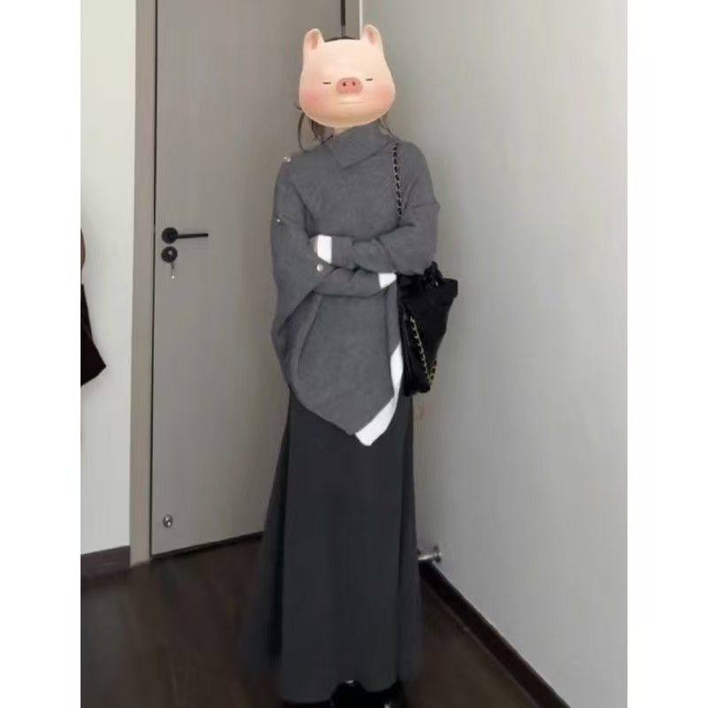 名媛风两件套装女秋冬不规则斗篷针织高领小众毛衣新款灰色半,女装/女士精品,时尚套装,淘宝优惠券,粉丝福利购,淘宝优惠卷