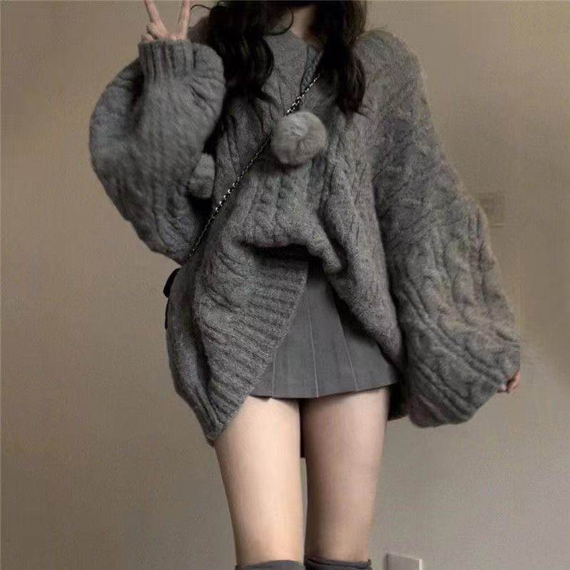 慵懒风复古宽松加厚保暖V领麻花软糯毛衣女学生秋冬韩版针织衫潮