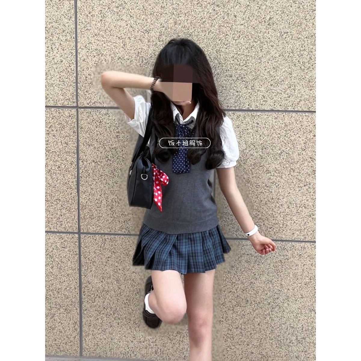 夏季JK学院风海苔格裙四件套图片