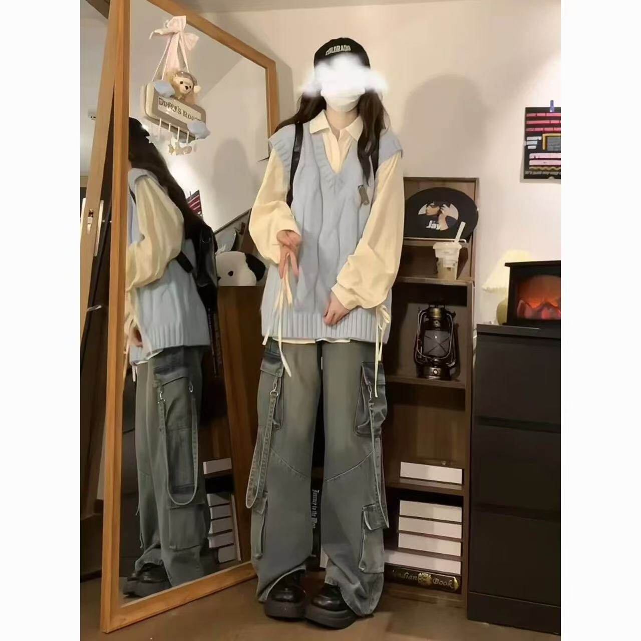 盐系学院风马甲衬衫两件套装女学生早秋新款宽松减龄蓝色麻花毛衣