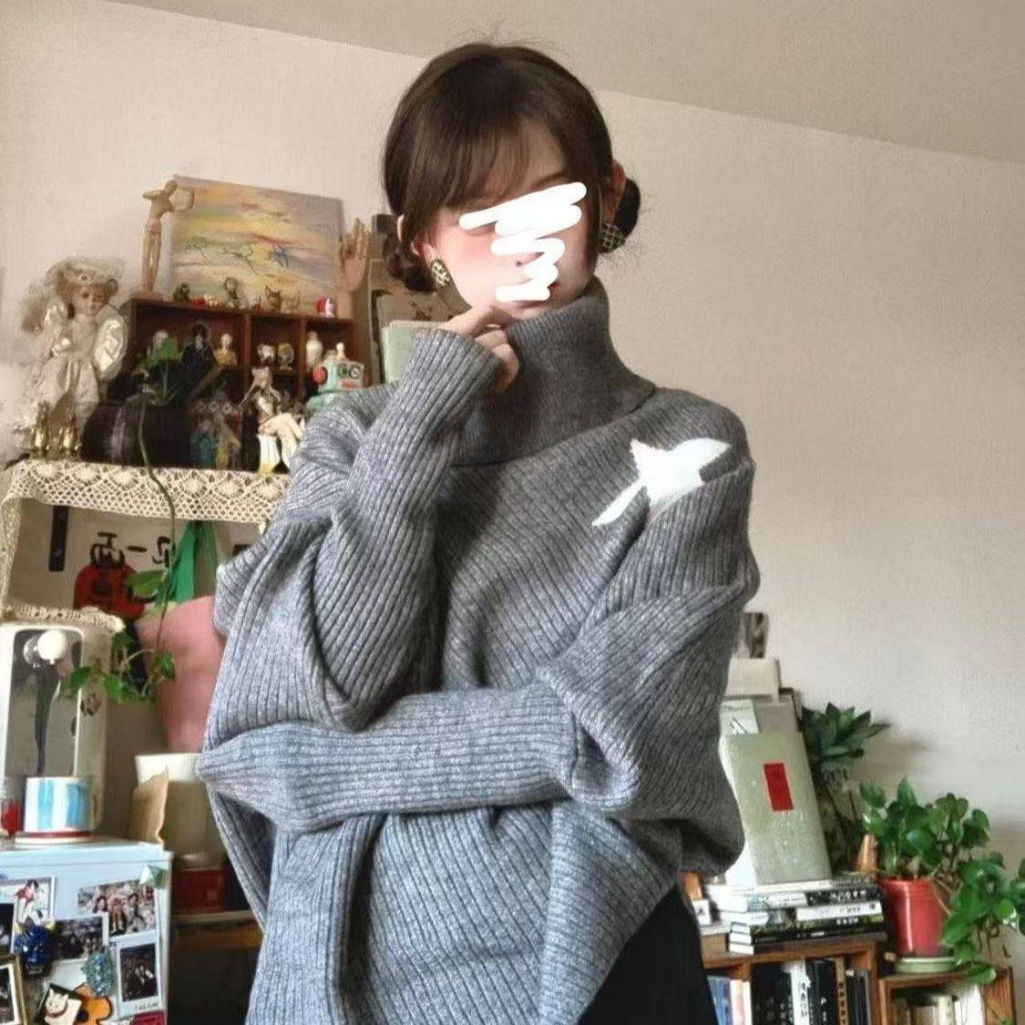 灰色高领斗篷上衣女早秋季新款设计感慵懒风不规则星星毛衣针织衫,女装/女士精品,时尚套装,淘宝优惠券,粉丝福利购,淘宝优惠卷