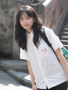 上衣白色小众日系衬衣女夏潮 可乐刺绣大码 衬衫 日系学院JK制服短袖