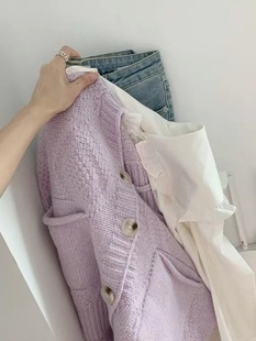 香芋紫温柔毛衣女软糯小众设计感外穿小个子港风chic针织开衫外套