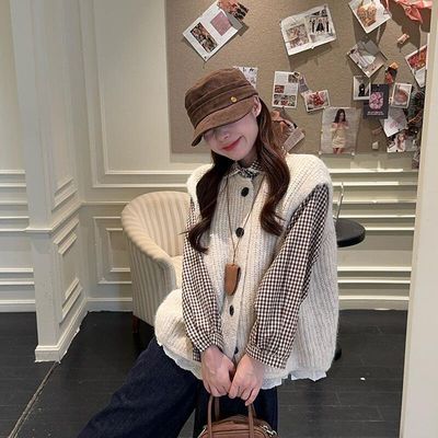 温柔风时尚格子蕾丝拼接长袖衬衫上衣女早秋季叠穿针织马甲两件套