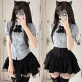 收腰纯欲风蓬蓬蛋糕短裙子两件套 衬衫 套装 日系学院风jk制服女短袖