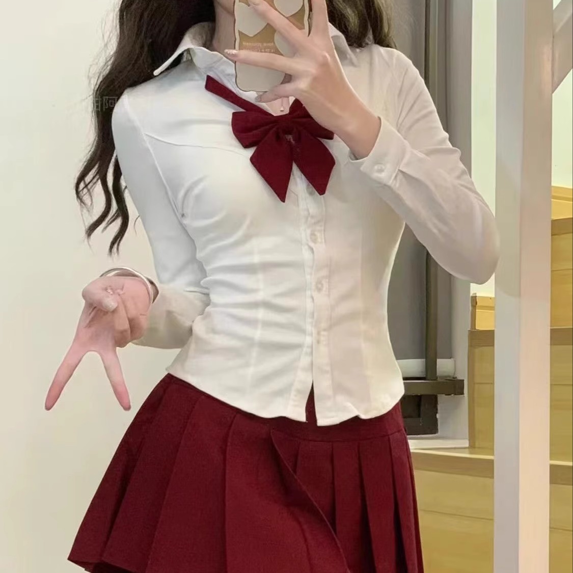 学院风收腰衬衣百褶裙两件套装女