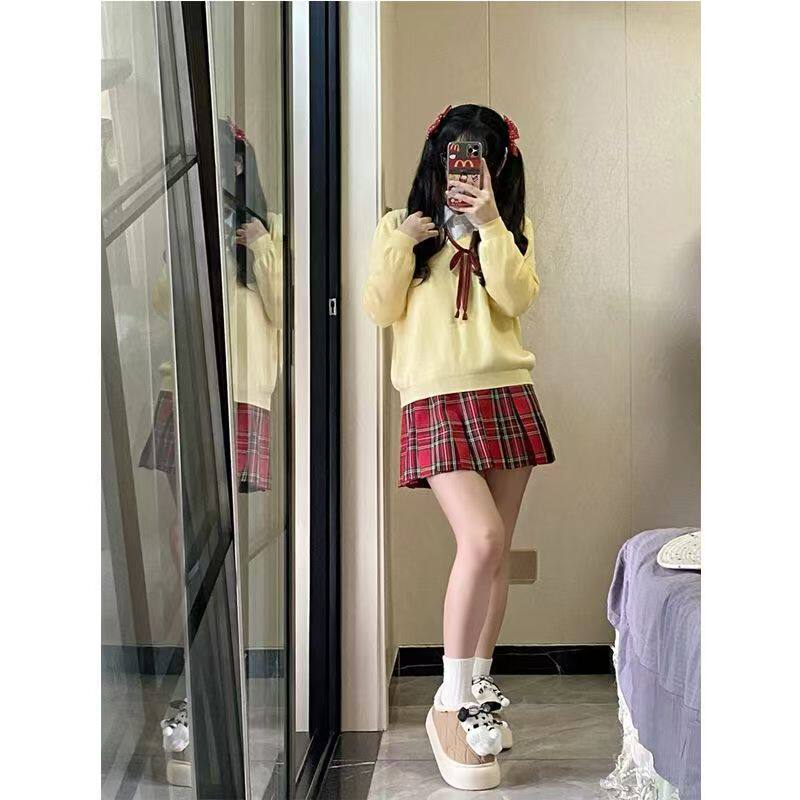 原创日系jk制服黄色套头毛衣格裙针织衫长袖毛衣百褶裙套装