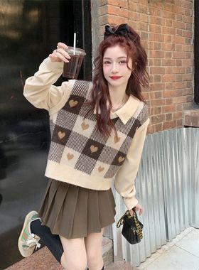 两件套装/单件春秋韩系格子马甲背心针织毛衣女外穿上衣+打底衬衫