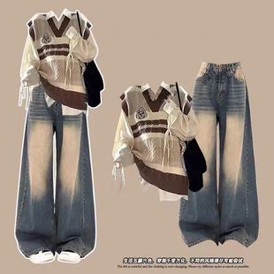 三件套装 秋冬韩系学生穿搭女学院风马甲 复古牛仔阔腿裤 美式 衬衫