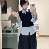 学院风蓝色V领针织马甲女春秋2024新款 叠穿长袖 衬衣两件套上衣潮