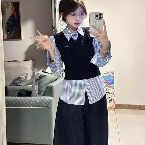 新款叠穿长袖衬衣两件套上衣潮