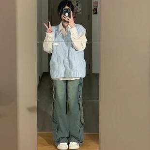 绑带长袖 外穿v领马甲宽松百搭针织背心 学院风两件套 衬衫 新款