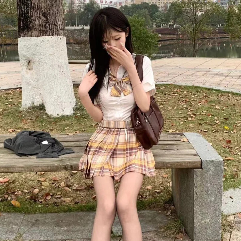短袖收腰衬衫学生格子百褶裙套装