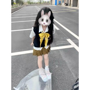 原创日系JK制服针织衫套装背心春秋毛衣学院校供长袖向日葵格裙女