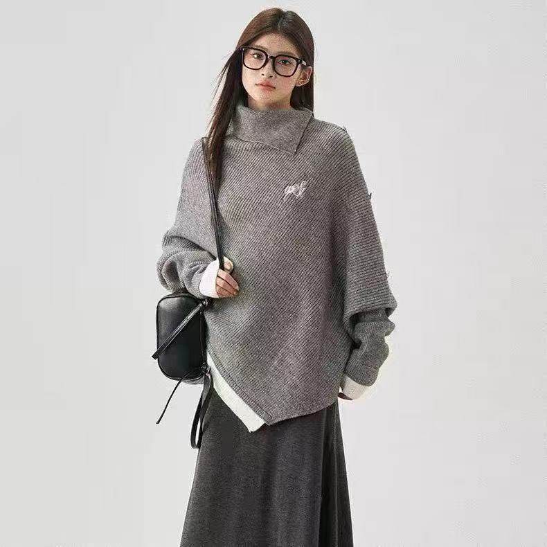 气质套装女秋冬新款高领不规则宽松斗篷毛衣针织上衣加绒半身裙潮