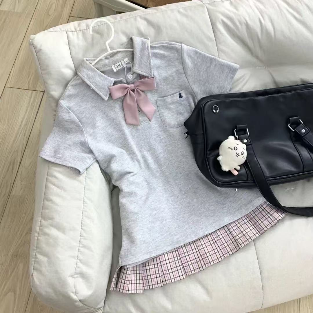 蓝色polo翻领短袖T恤女2025新款夏季chic甜辣穿搭清纯系上衣