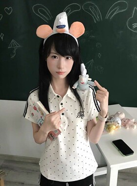 波点短袖polo衫夏季上衣运动体操日系高中生黑色短裤百搭时尚套装