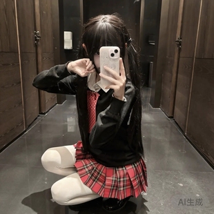 学院制服jk套头针织衫毛衣基础毛衣小辣椒短裙上衣原创套装格裙