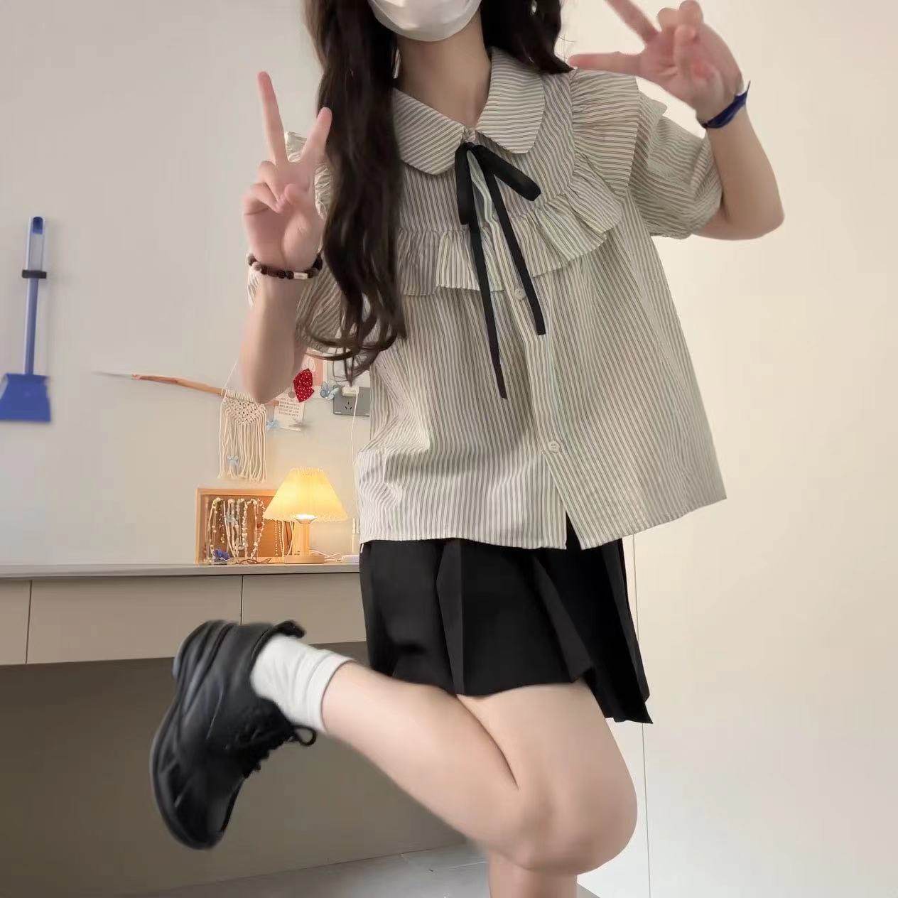 套装/单件女学生荷叶边泡泡袖系带POLO条纹衬衫+jk松紧高腰半身裙,女装/女士精品,时尚套装,淘宝优惠券,粉丝福利购,淘宝优惠卷