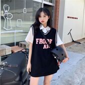 t恤 设计感小众女宽松假两件篮球服上衣短袖 学院风polo衫 薄款 夏季