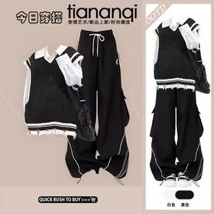 两件套装 秋冬韩系黑白撞色学院风v领针织马甲背心毛衣女叠穿衬衫