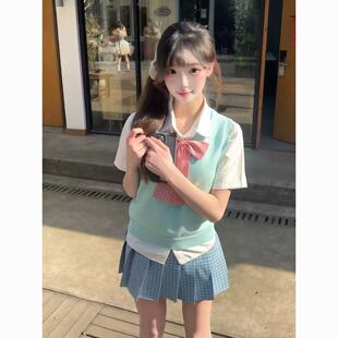 JK制服套装V领针织绿色背心马甲百搭叠穿衬衫上衣新款松蓝JK格裙