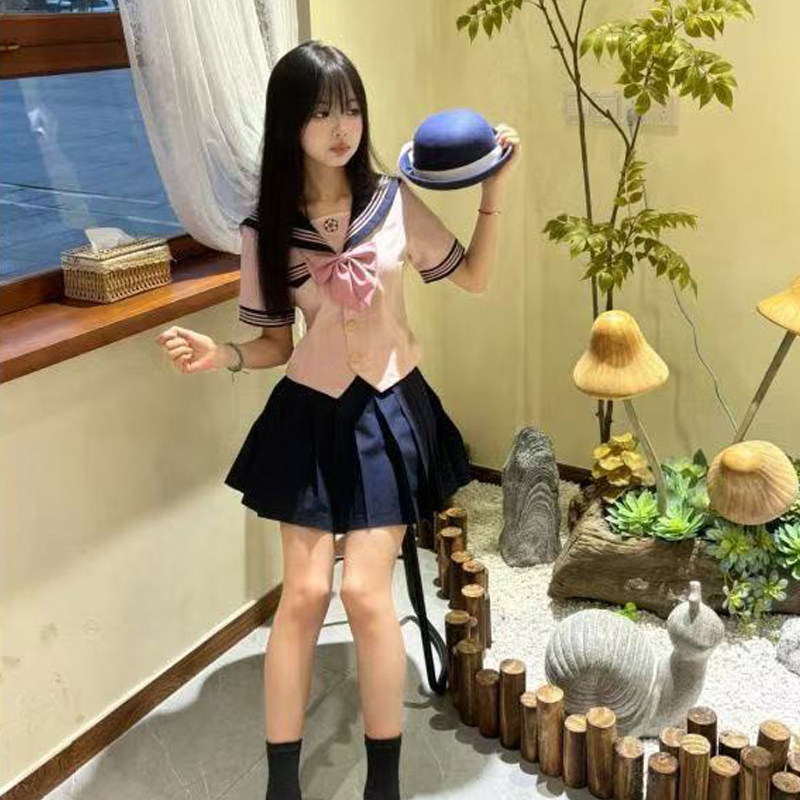 甜美日系jk制服套装女夏季海军领粉色短袖衬衣高腰蓬蓬短裙两件套