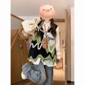 时尚 衬衫 V领不规则毛衣马甲背心针织衫 韩版 潮女学生 长袖 两件套装