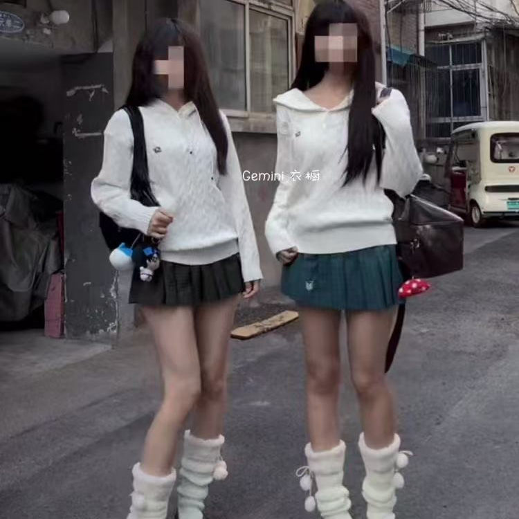 学院风刺绣麻花秋冬长袖毛衣针织衫连帽上衣慵懒JK制服韩系温柔