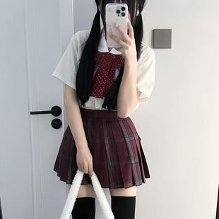 甜美清新开学JK穿搭 2025日系学院风白色短袖 基础款 衬衫 红格裙套装