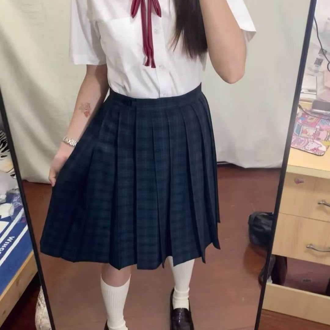 学院风原创jk制服基础宽松显瘦短袖白衬衫叠穿海苔中裙女学生套装