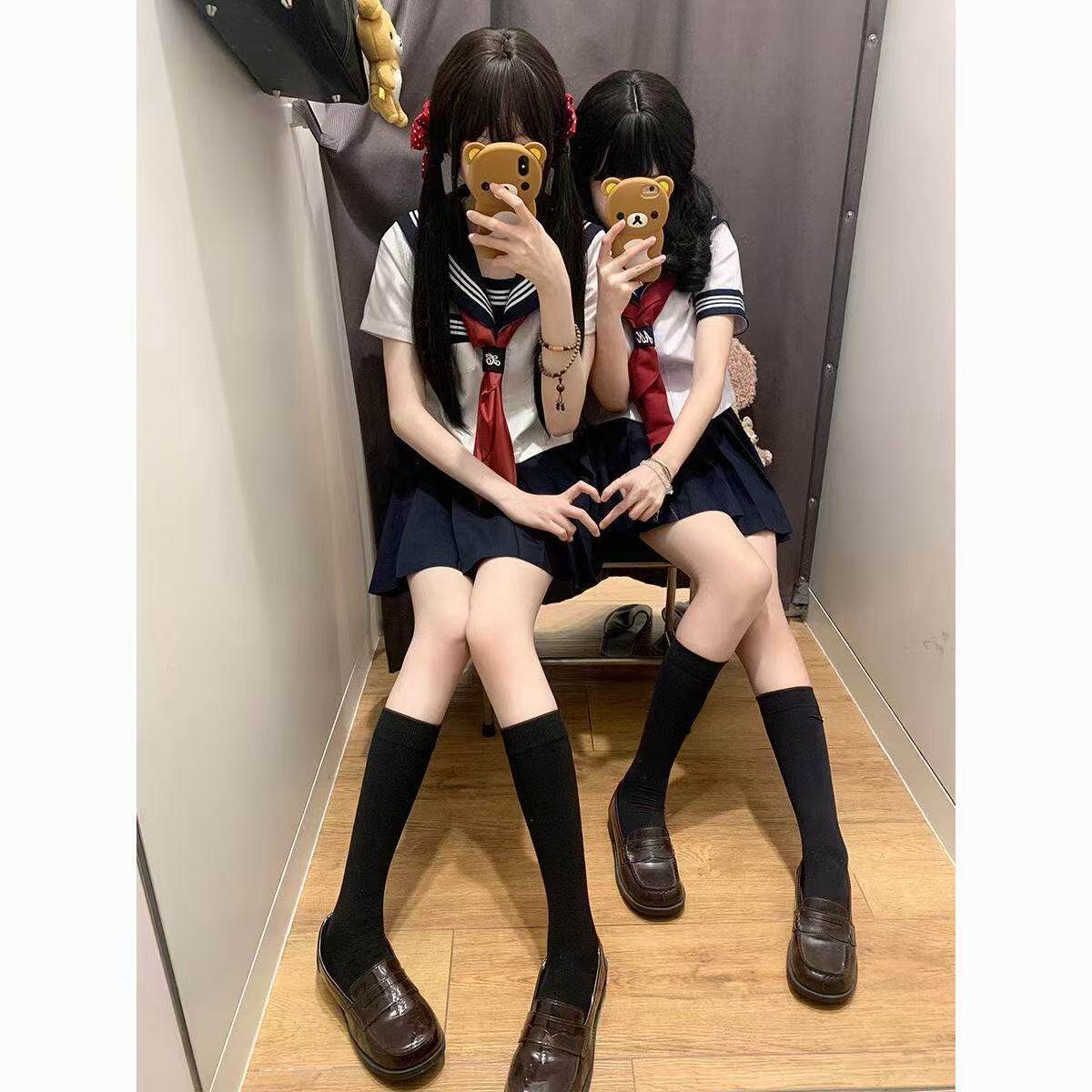 原创正版JK制服短袖套装夏季新款水手服衬衫中间三本JK短裙百褶裙