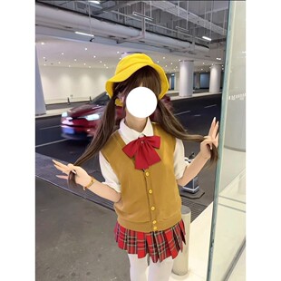 JK制服夏季学院风茶色百搭针织开衫马甲日系叠穿毛衣背心外穿上衣