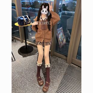 日系学院风Jk制服针织衫春秋款开衫薄款外套糖炒栗子配色套装短裙