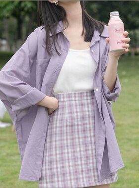 春秋薄款紫色长袖防晒衣衬衫女小众上衣2023新款夏季外穿百搭外套