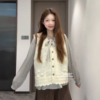 复古软糯针织马甲系带格子衬衫