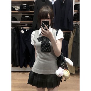 学院风JK制服针织衫小众春秋款马甲背心叠穿短袖上衣格裙套装女