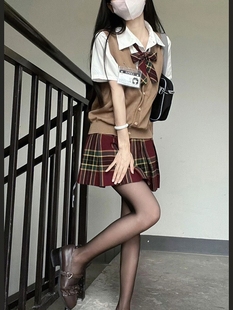 jk制服裙山楂树格裙套装 马甲 原创春夏季 紘爱学院风纪州茶针织开衫