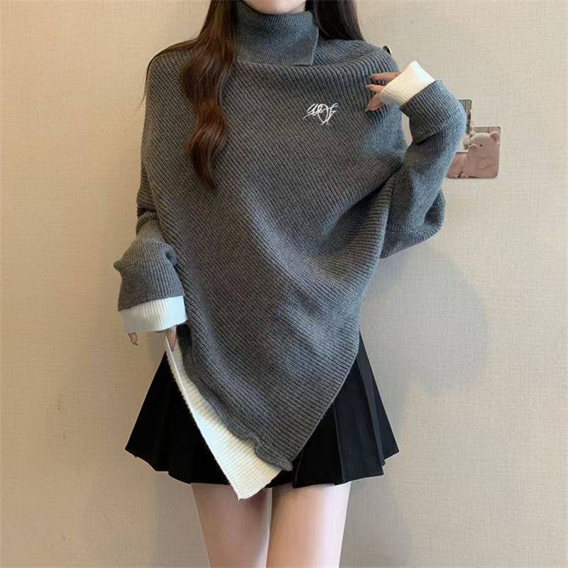 慵懒风高级感不规则半高领毛衣女秋冬季宽松显瘦时尚套头外搭针织,女装/女士精品,时尚套装,淘宝优惠券,粉丝福利购,淘宝优惠卷