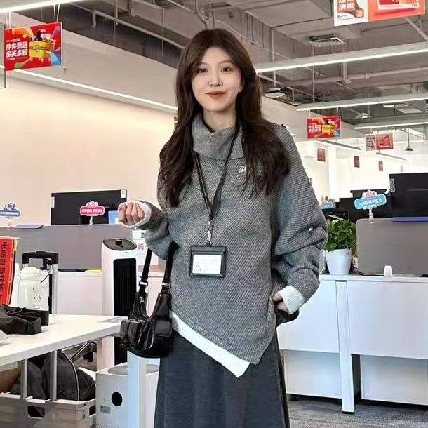 日系灰色不规则高领针织毛衣上衣