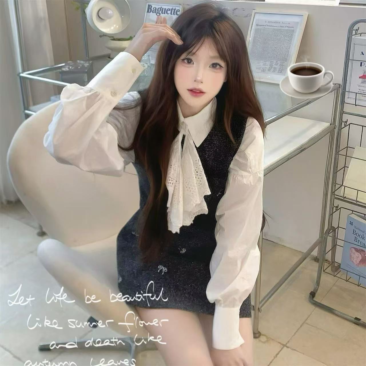 衣裙女学生+立领泡泡袖衬衫