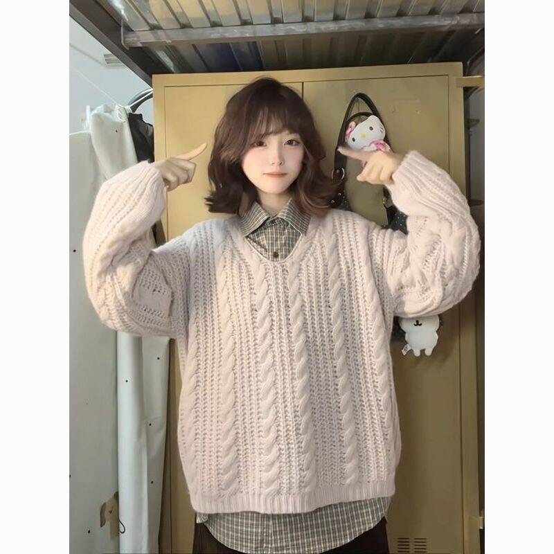 韩版镂空麻花针织粉毛衣格子衬衫