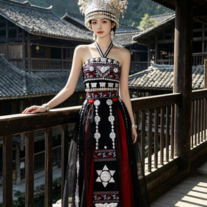 苗族土家族服装少数民族传统服饰贵州云南旅拍舞蹈演出服裹胸长裙