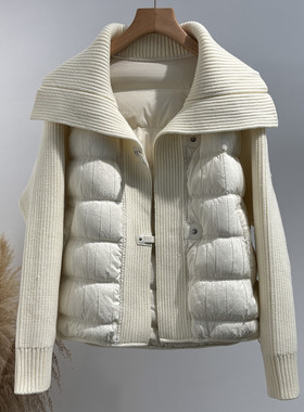 拼接针织大翻领羽绒服女士高端大气2025新款加厚保暖90鸭绒短外套