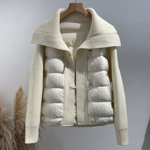 拼接针织大翻领羽绒服女士高端大气2025新款加厚保暖90鸭绒短外套