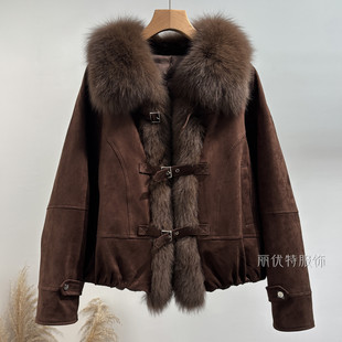 轻奢狐狸毛短款白鹅绒内胆羽绒服女牛皮绒派克服大毛领皮草厚外套