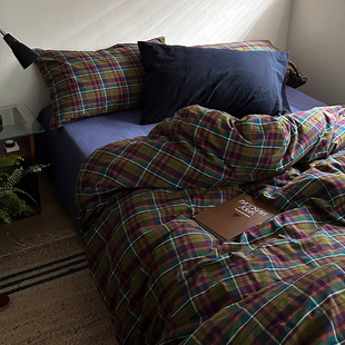 涩谷记忆 床品 复古格子四件套纯棉被套床单文艺中古风全棉床笠款