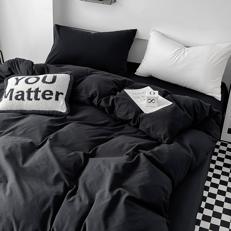 侘寂风四件套全棉纯棉100棉纯色被套床单床笠黑白色床上用品男士